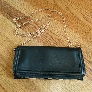 Black Leather Wallet Clutch/Crossbody w Gold Chain